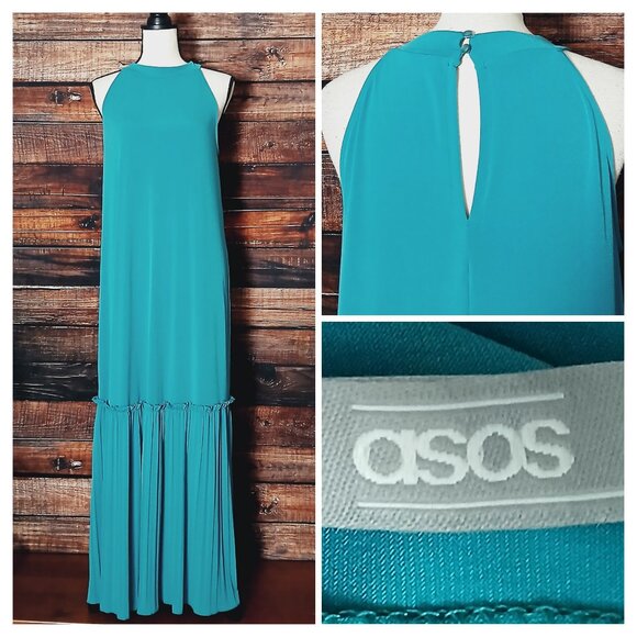ASOS Dresses & Skirts - ASOS Maxi Dress Size 8 Teal Pleated Bottom Keyhole Button High Neck Retro Shift